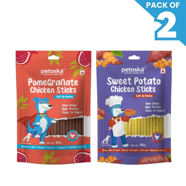 Petoska Dog Treat Pomegranate & Sweet Potato Chicken Sticks 100gm - Pack Of 2
