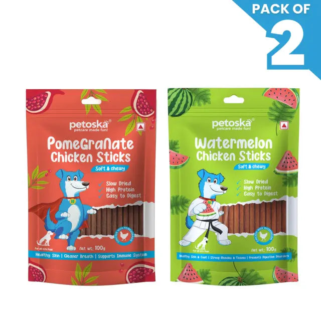 Petoska Dog Treat Pomegranate & Watermelon Chicken Sticks 100gm - Pack Of 2