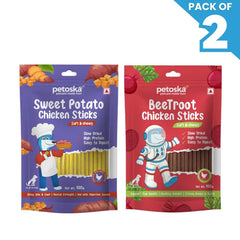Petoska Dog Treat Sweet Potato & Beetroot Chicken Sticks 100gm - Pack Of 2