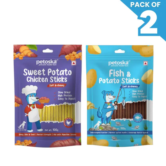 Petoska Dog Treat Sweet Potato & Potato Fish Sticks 100gm - Pack Of 2