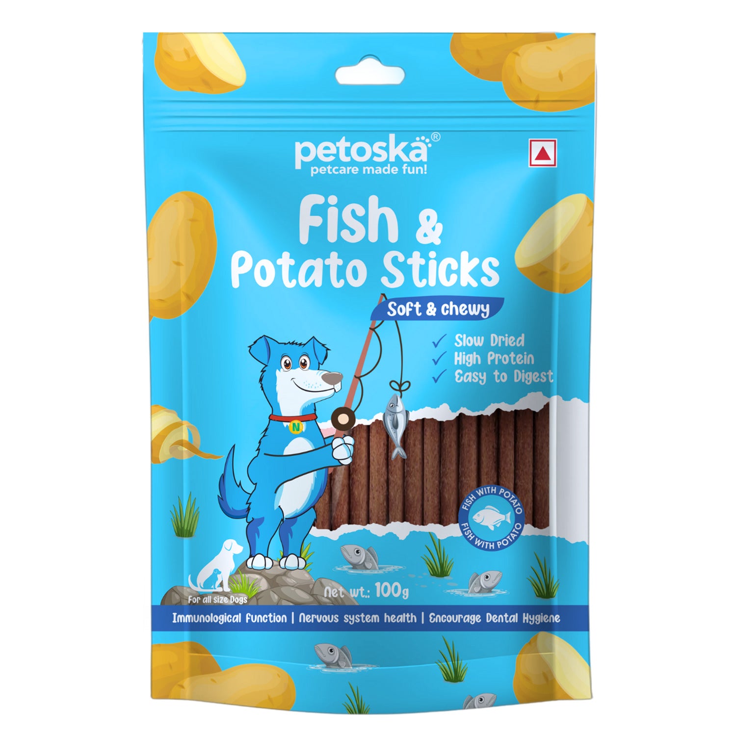 Petoska Potato Fish Sticks Tasty & Healthy Dog Treats with High Protein & Omega-3, 100g Each - Pack Of 10.