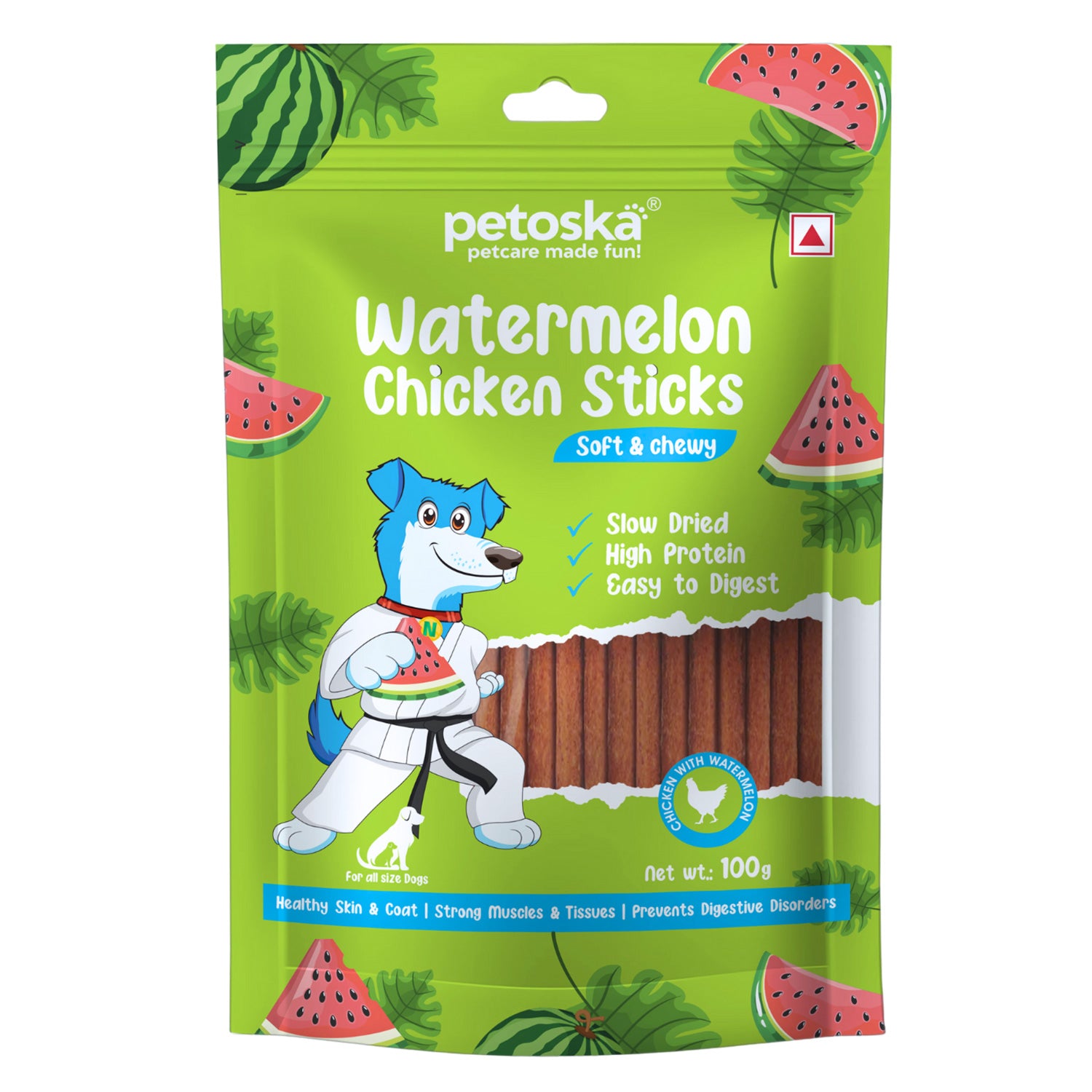 Petoska Watermelon Chicken Sticks Real Fruit & Chicken Easy to Digest, 100g Each - Pack Of 10.