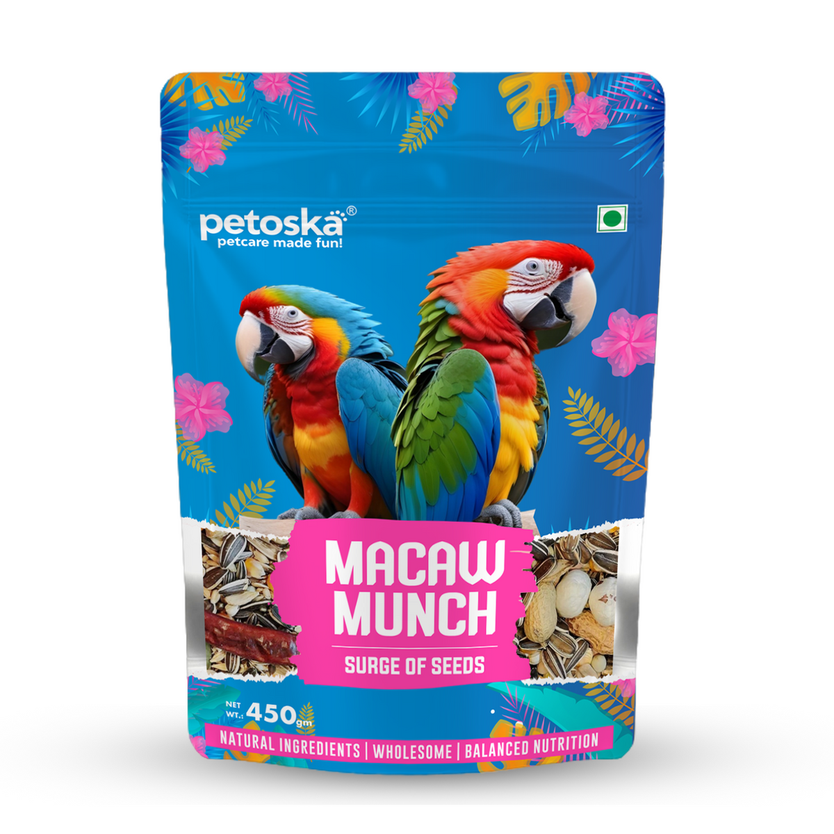Petoska Macaw Munch Natural Seeds Mix for Macaw Parrot, Blend for Healthy Diet & Active Birds 450gms