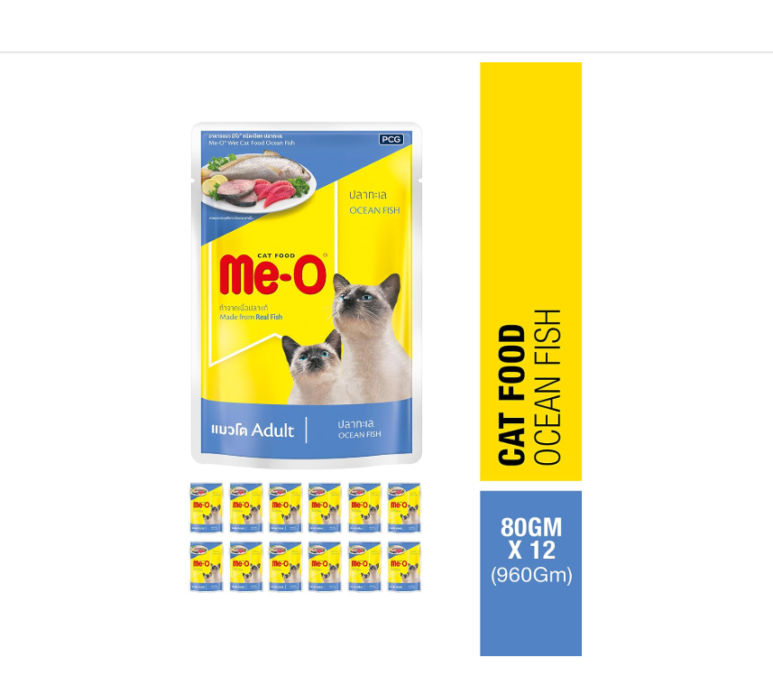 Me-O Adult Ocean Fish Flavour Wet Cat Food, 80 g (Pack of 12 Pouches)