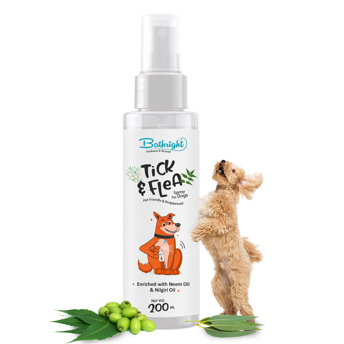 Bathright Tick & Flea Spray for Pets 200 ml | Tick and Flea Spray for Dogs | Safe, Natural, Pet Skin Friendly | Ph Balance | Paraben Free | Anti Fleas, Ticks, Lice, Mosquitos