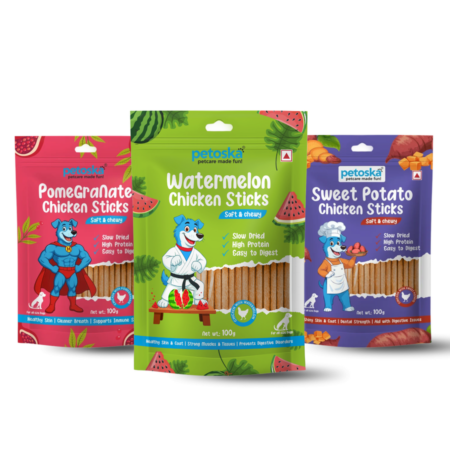Petoska Chicken Sticks Combo – Pomegranate, Watermelon & Sweet Potato