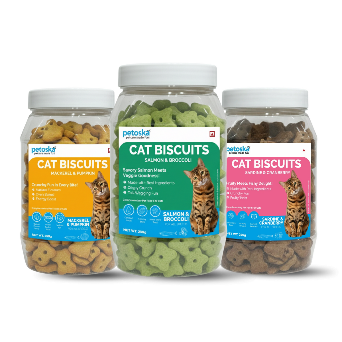 Salmon & Broccoli, Mackerel & Pumpkin, and Sardine & Cranberry cat biscuits