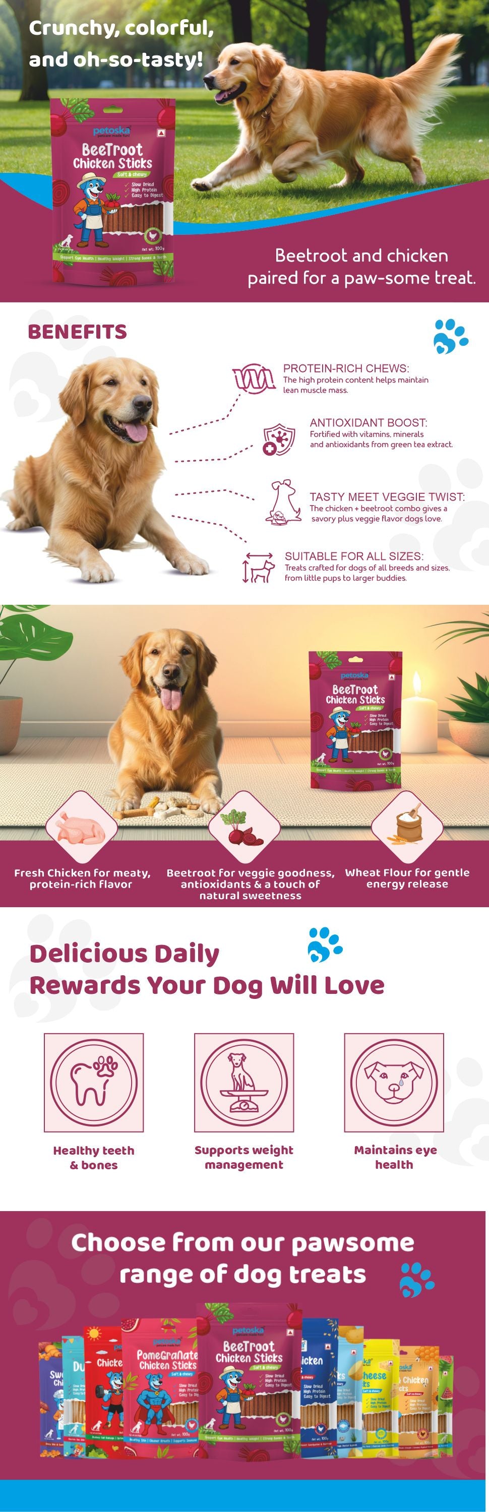 Petoska Dog Treats –  Chicken & Beetroot Stick, 100g | Chewy treats