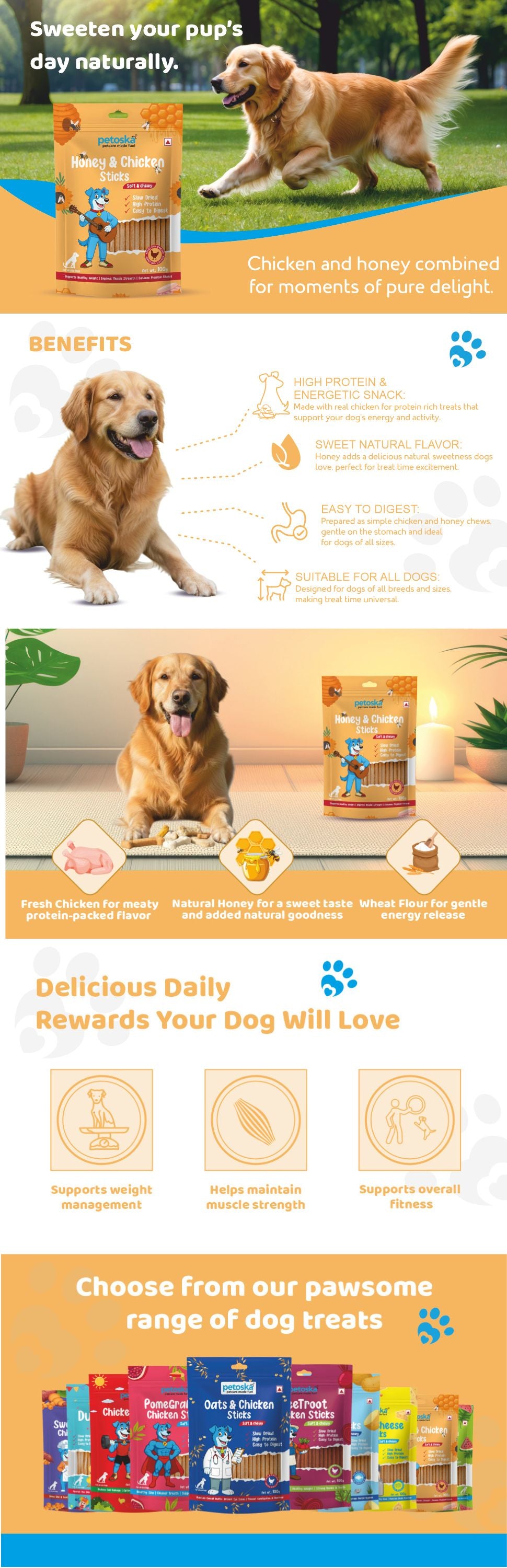 Petoska Dog Treats –  Chicken & Honey Stick, 100g | Chewy treats