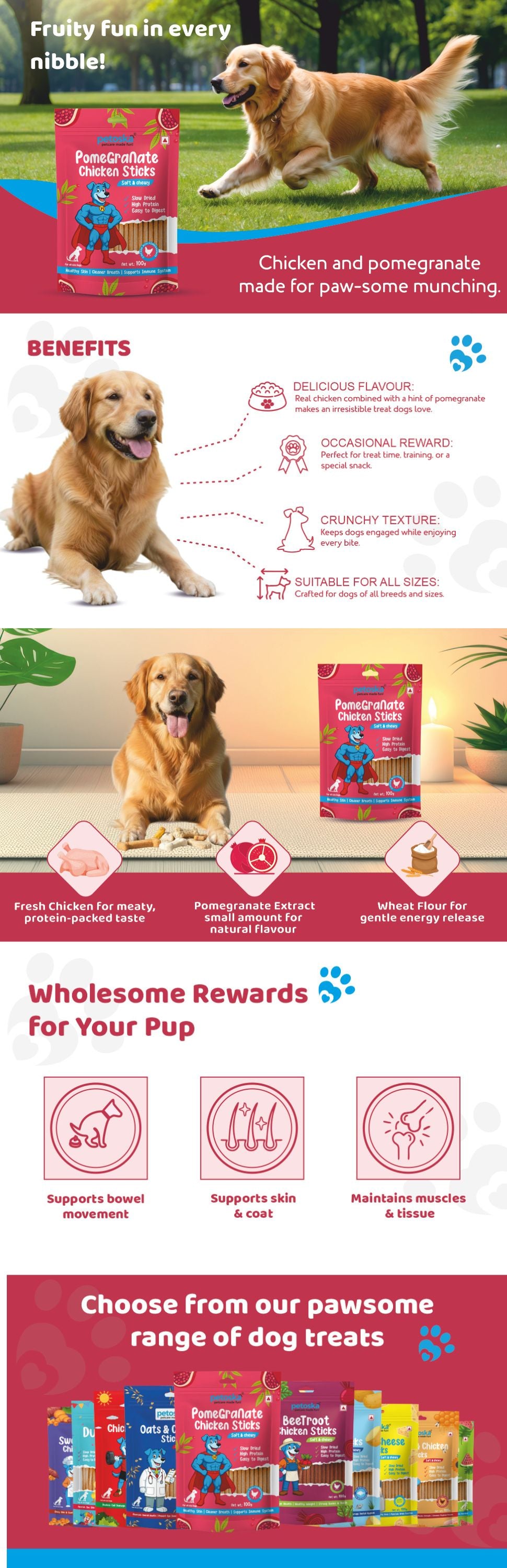 Petoska Dog Treats – Chicken & Pomegranate, 100g | Natural Chewy Sticks
