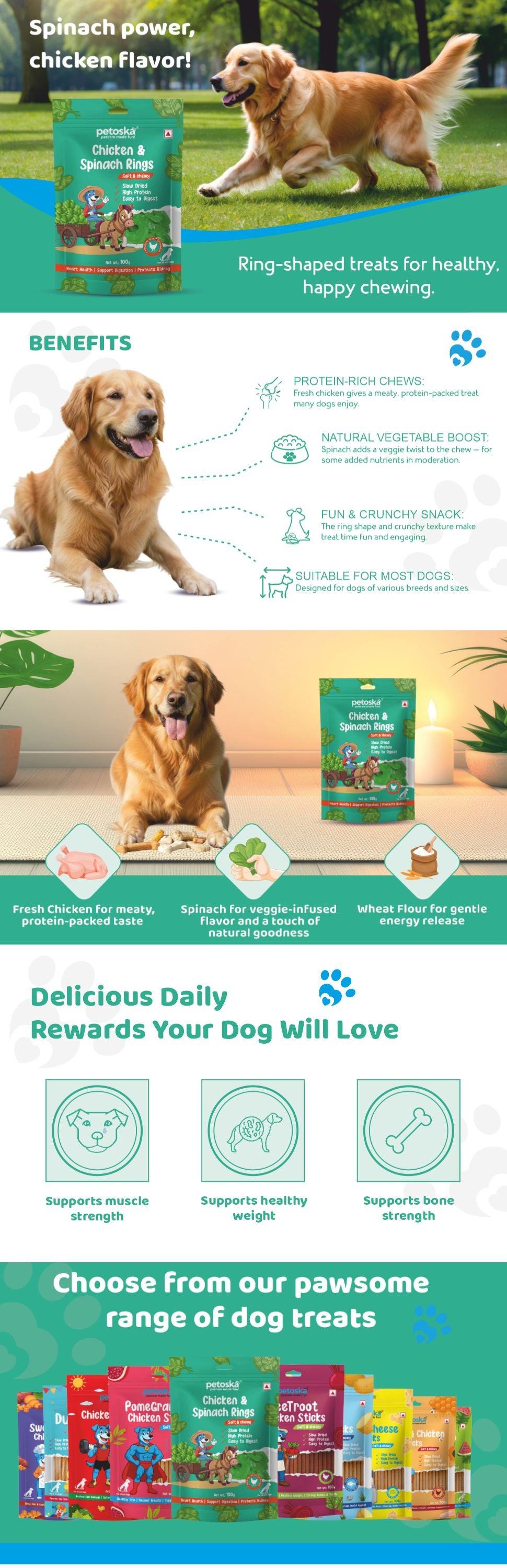 Petoska Dog Treats – Chicken & Spinach Rings, 100g