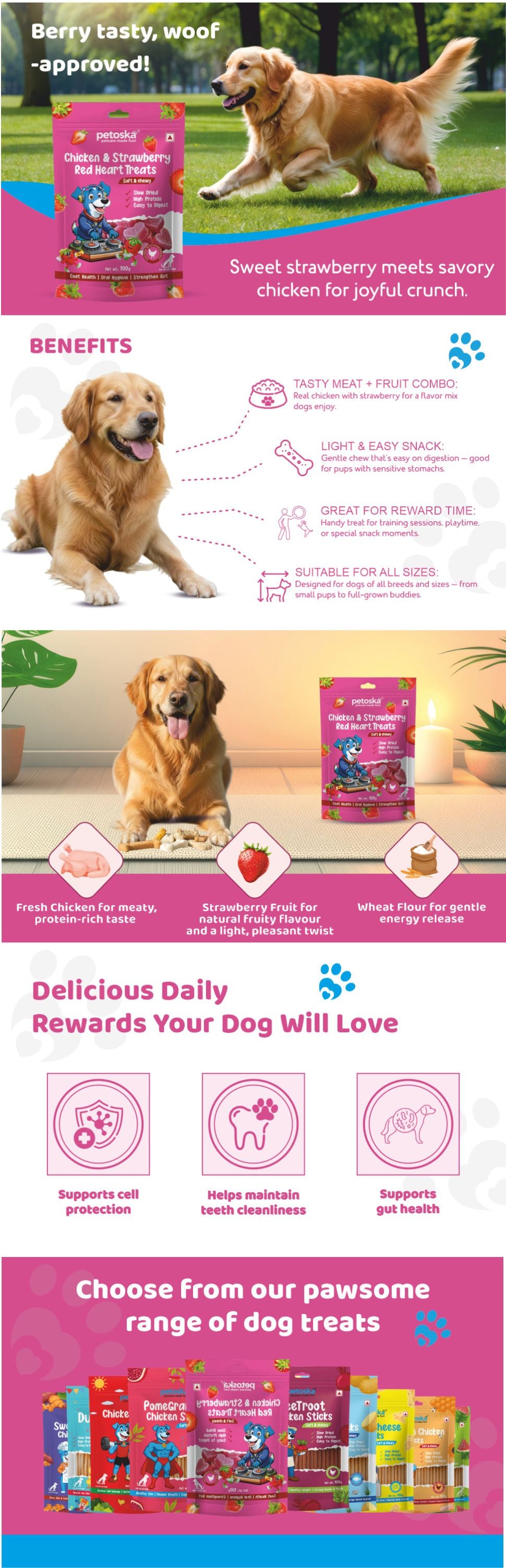 Petoska Dog Treats – Chicken & Strawberry, 100g | Heart Treats