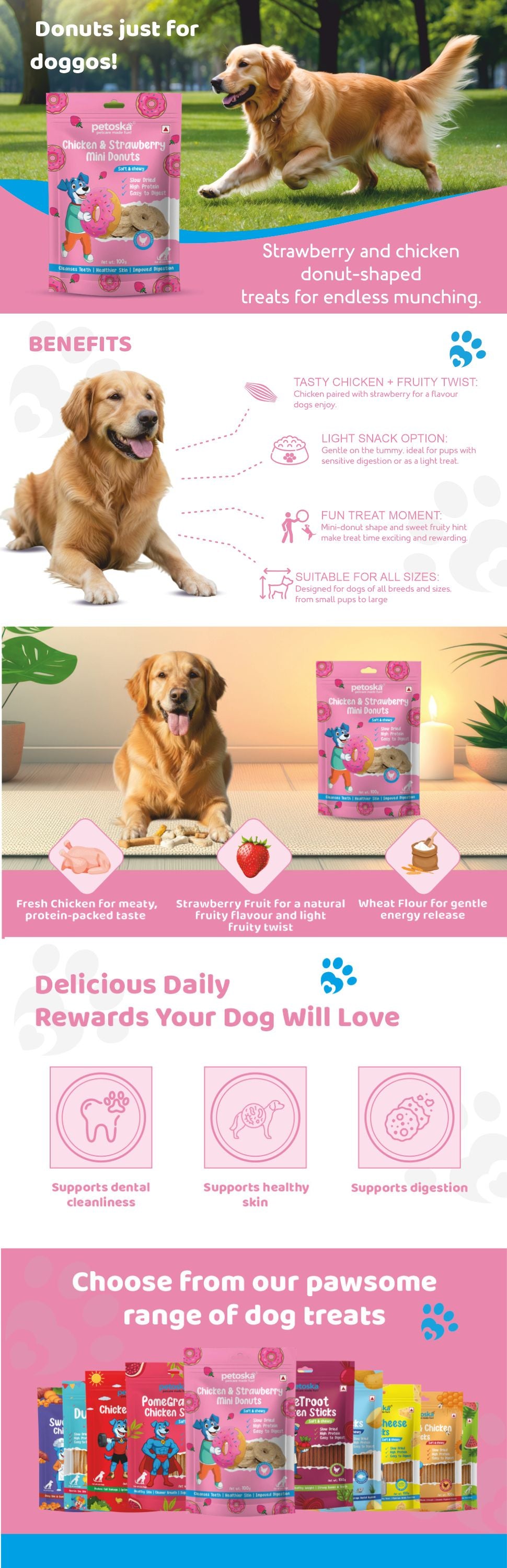 Petoska Dog Treats – Chicken & Strawberry Donuts, 100g