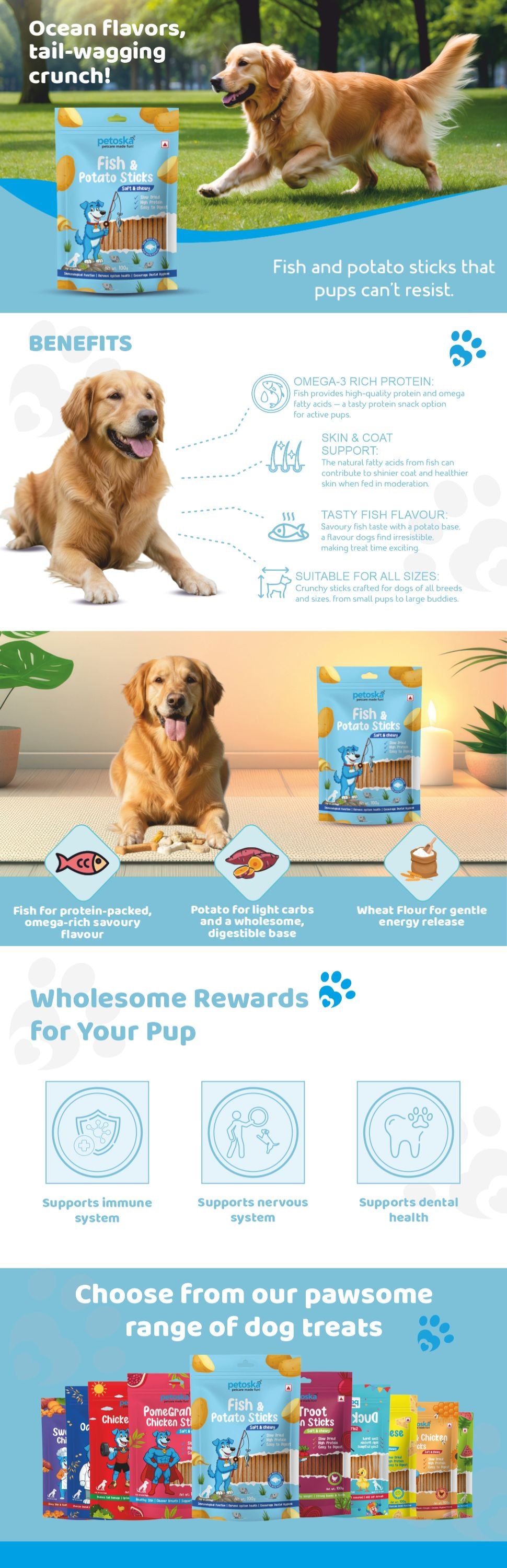 Petoska Dog Treats – Fish & Potato Sticks, 100g | Omega-3 Protein Sticks