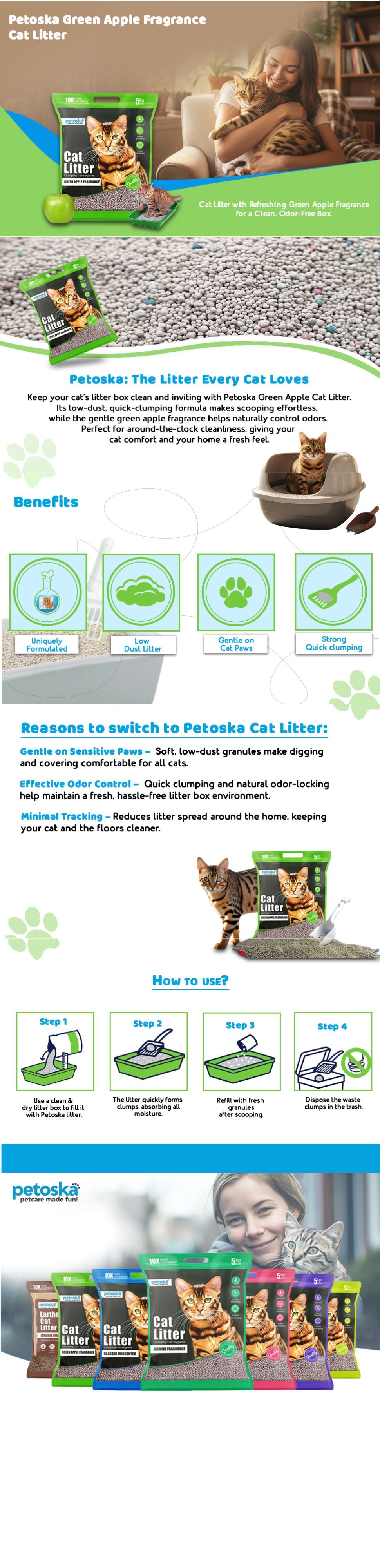 Petoska Bentonite Cat Litter Green Apple Fragrance Rapid Clumping & Odor Control-5kg