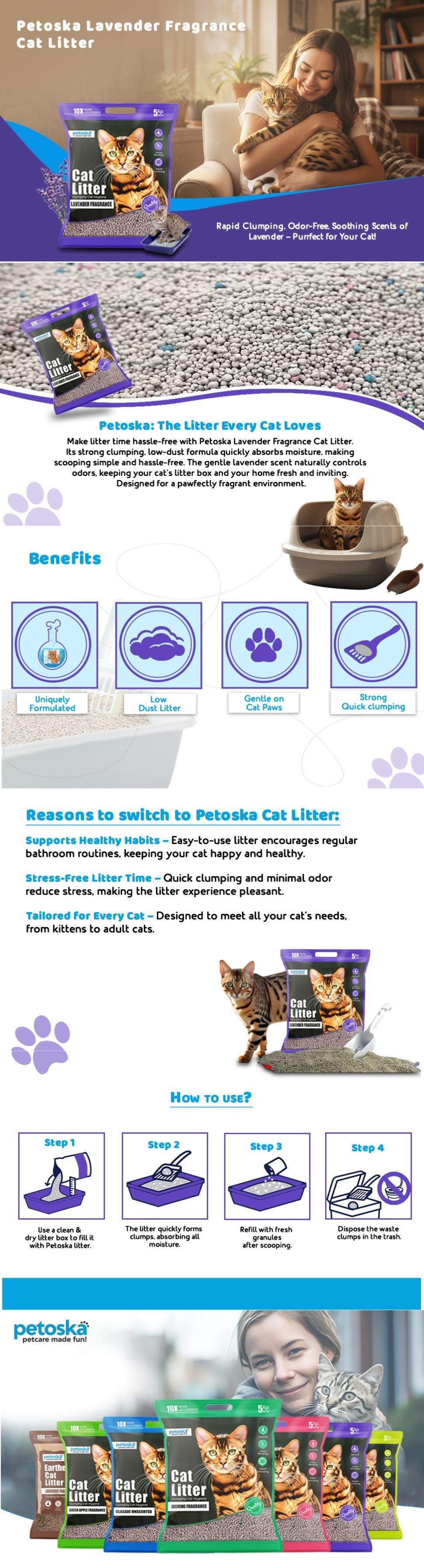 Petoska Bentonite Cat Litter Lavender Fragrance Rapid Clumping & Odor Control-5kg