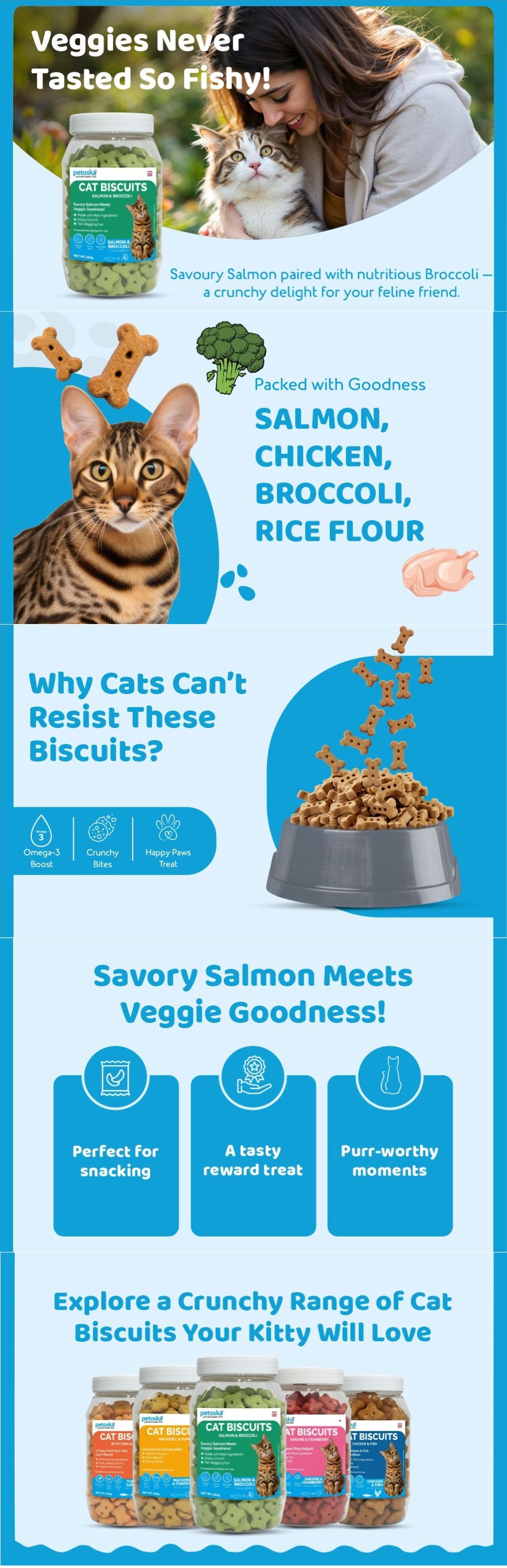 Petoska Crunchy Cat Biscuit Salmon & Broccoli, 250 gms