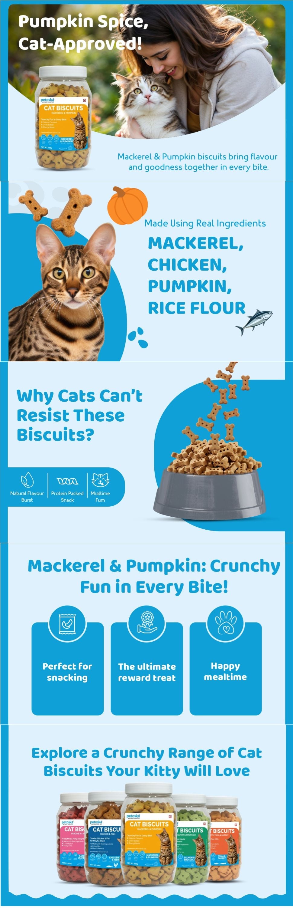 Petoska Crunchy Cat Biscuit Mackerel & Pumpkin, 250 gms