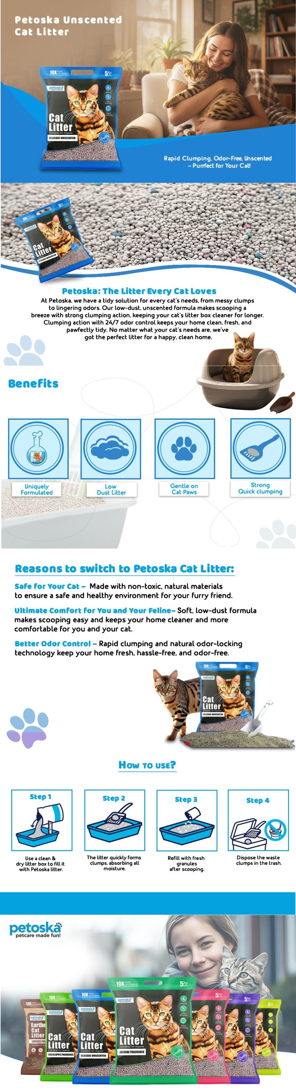 Petoska Bentonite Cat Litter Unscented Fragrance Rapid Clumping & Odor Control-5kg