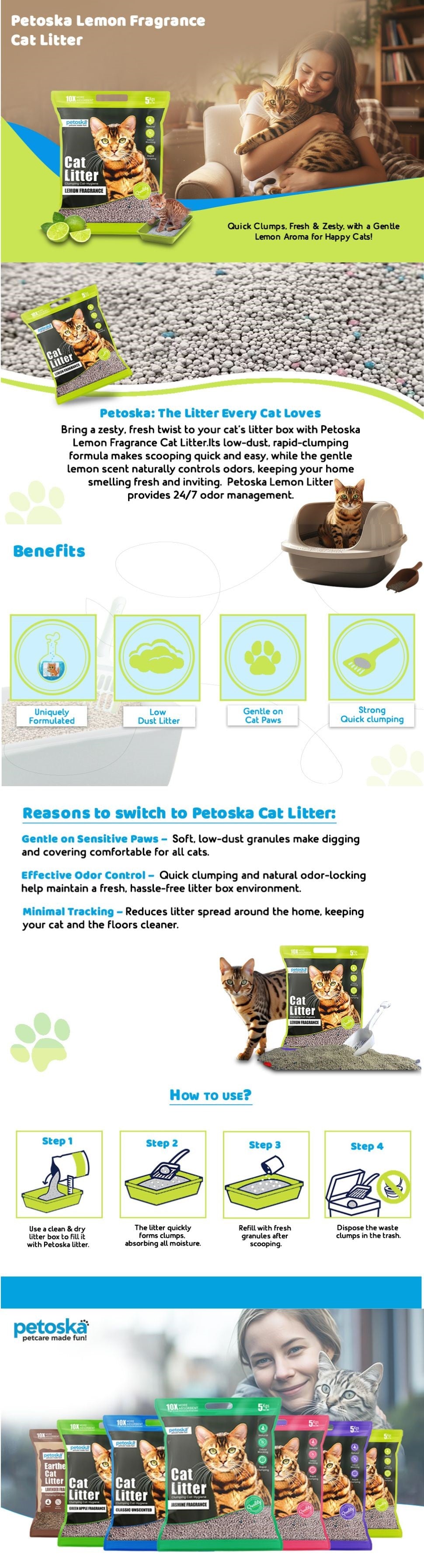 Petoska Bentonite Cat Litter Lemon Fragrance Rapid Clumping & Odor Control-5kg