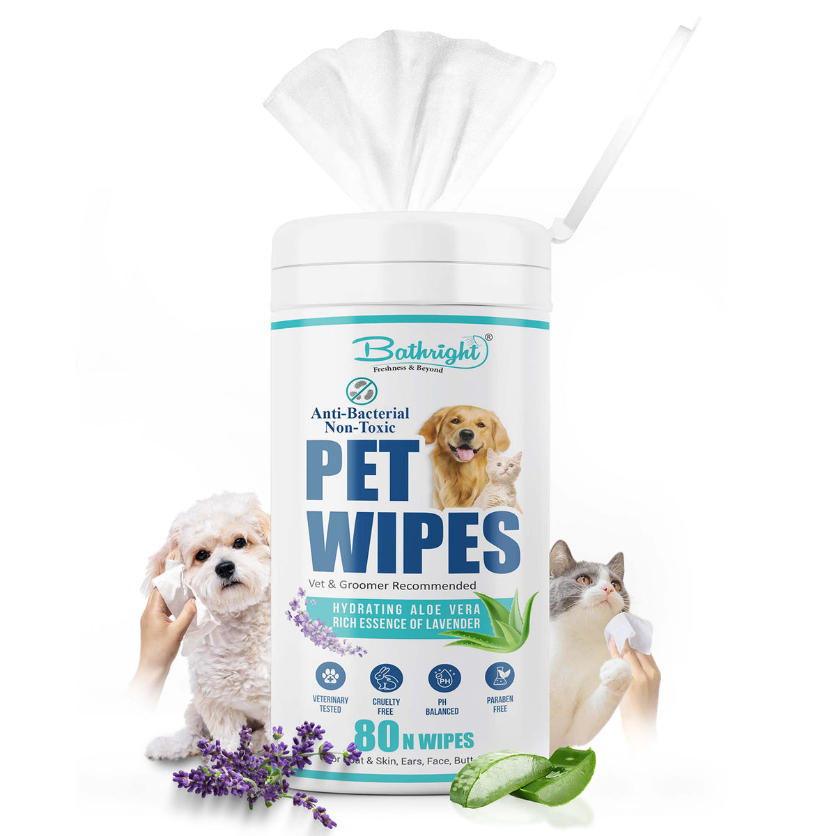 Bathright Pet Wipes | 80 N Cat & Dog Wipes | Aloe Vera & Fresh Lavender | pH Balance | Dry Bath, Ear & Paw | Wet Wipes for Cleaning & Deodorizing | Hygiene Cleaning Essentials, 15 x 20 cm