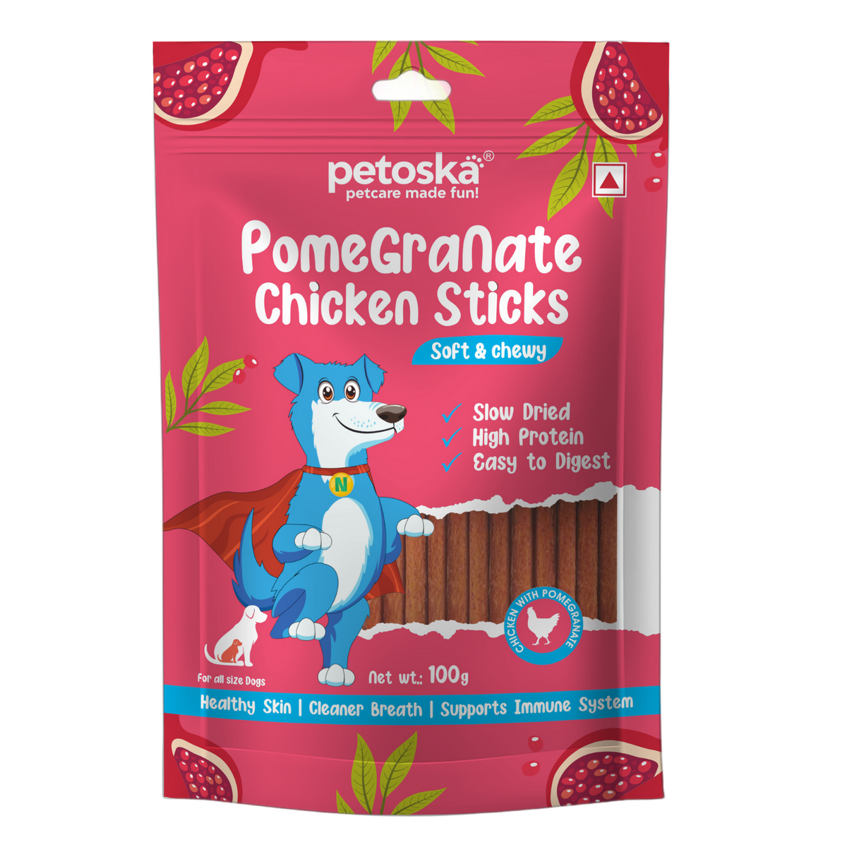 Petoska Chicken & Pomegranate Dog Treats |Natural Chewy Sticks – 100gms