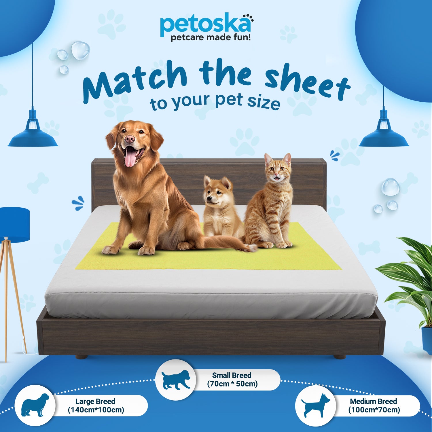 Petoska Waterproof Reusable Washable Dog & Cat Pee Pads & Pet Dry Sheet Yellow-Medium Size (Pack Of 2).