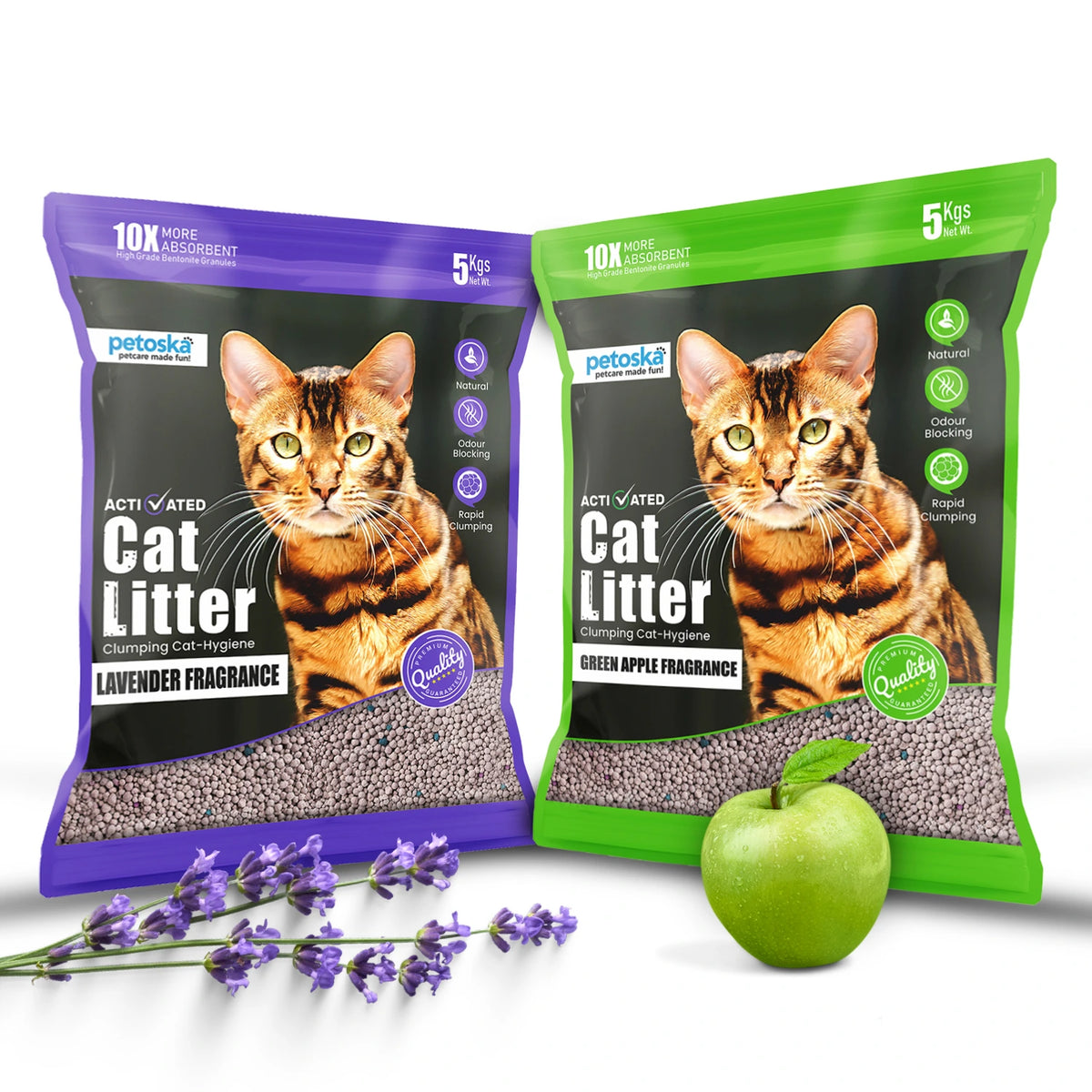 Petoska Activated Cat Litter Quick Clumping Low Dust & Odor Locking for Cats, Lavender & Green Apple, (2 Packs of 5Kg)