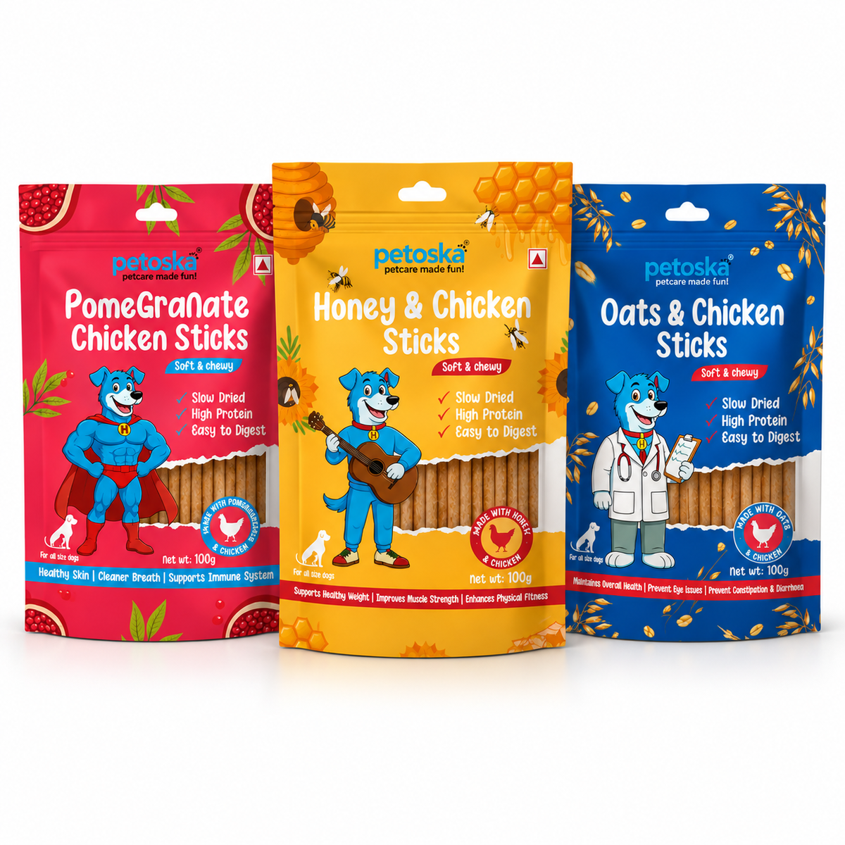 Petoska Chicken Sticks for Dogs Combo – Honey, Oats & Pomegranate (Pack of 3)