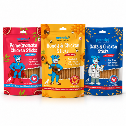 Petoska Chicken Sticks for Dogs Combo – Honey, Oats & Pomegranate (Pack of 3)