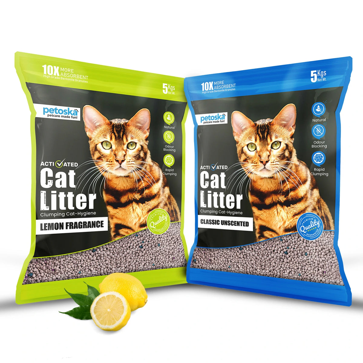 Petoska Activated Cat Litter Quick Clumping Low Dust & Odor Locking for Cats, Lemon & Unscented, (2 Packs of 5Kg)