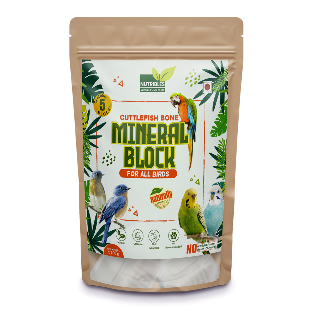 Nutribles Cuttlefish Bone Mineral Block for All Birds - 450 GMS (Pack of 5 Blocks)| Calcium Bird Feed | Natural Cuttlefish Bone Nutrition for All Birds - Avian Veterinarian Verified