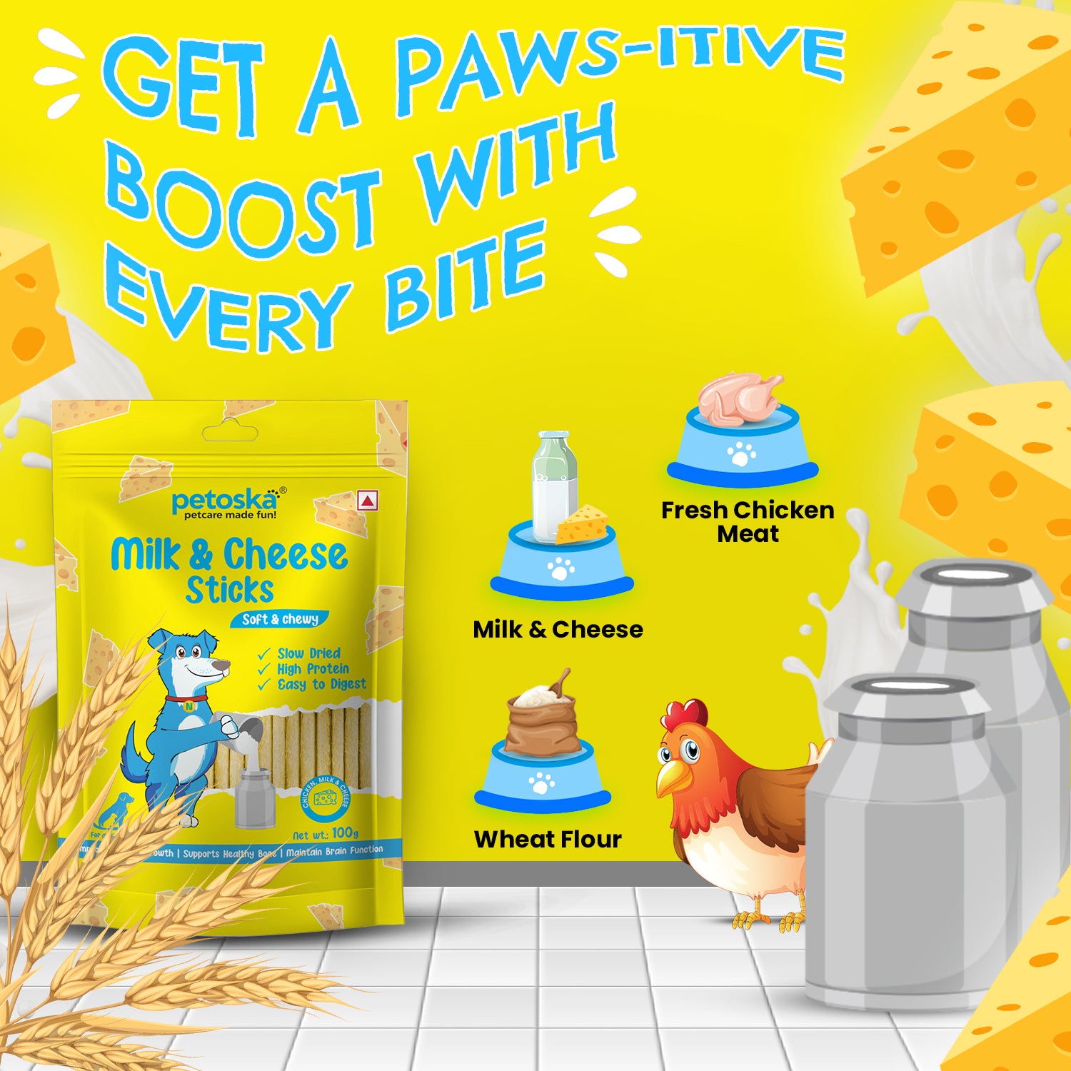 Petoska Chicken Sticks Dog Treats with Milk & Cheese, Nutritious & Digestible, 100g Each - Pack Of 10.