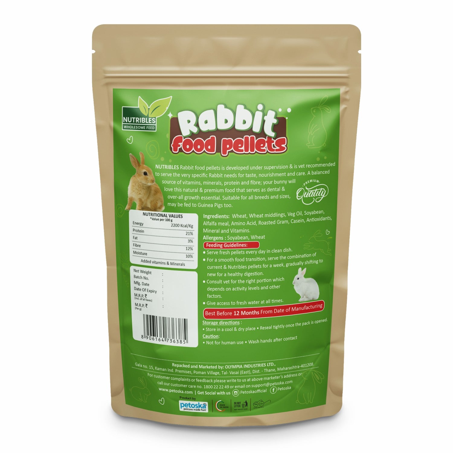 Nutribles Rabbit Food Pellets 450 GMS Pack of 1 Premium Natural Fo