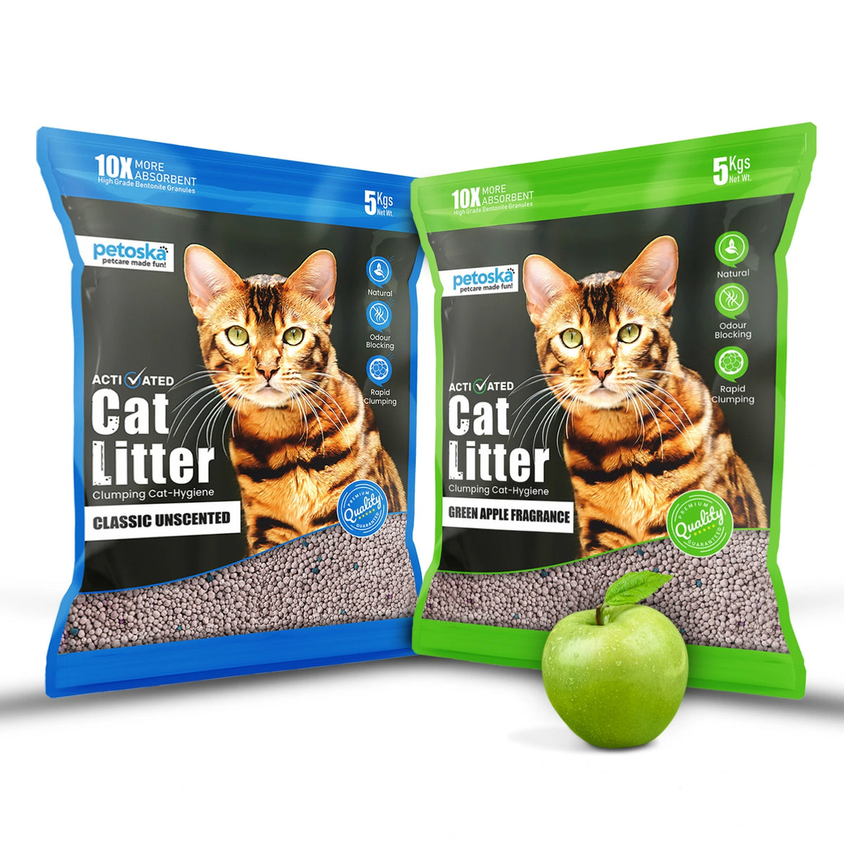 Petoska Activated Cat Litter Quick Clumping Low Dust & Odor Locking for Cats, Unscented & Green Apple, (2 Packs of 5Kg)